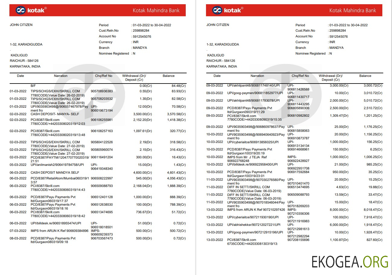Inde Relevé bancaire Kotak Mahindra 7 pages